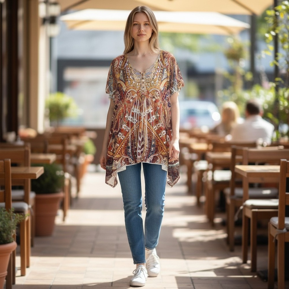 Style & Co Woman Paisley Handkerchief Hem Top 2X Rust Orange Boho Short Sleeve